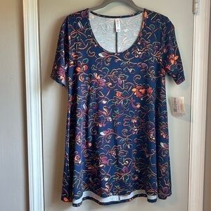 NEW LuLaRoe Blue Perfect Tee with Orange Green & Yellow Floral Pattern Sz XXS